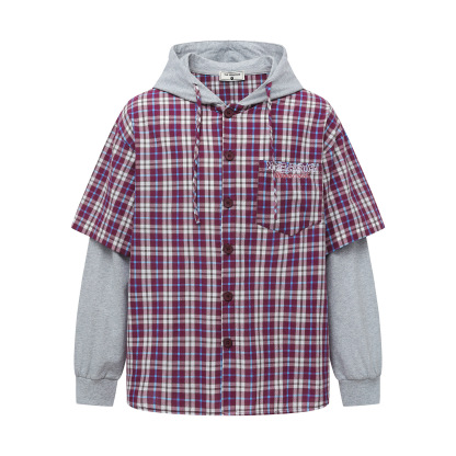 早秋新款假兩件連帽格子長袖襯衫女復古寬鬆百搭外穿襯衣