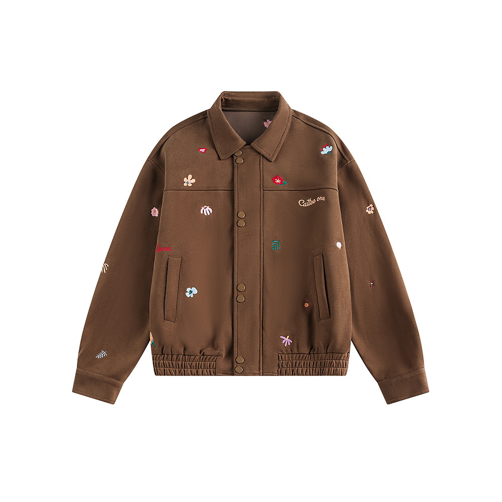 秋冬新款美式復古刺繡小標夾克外套女百搭翻領上衣