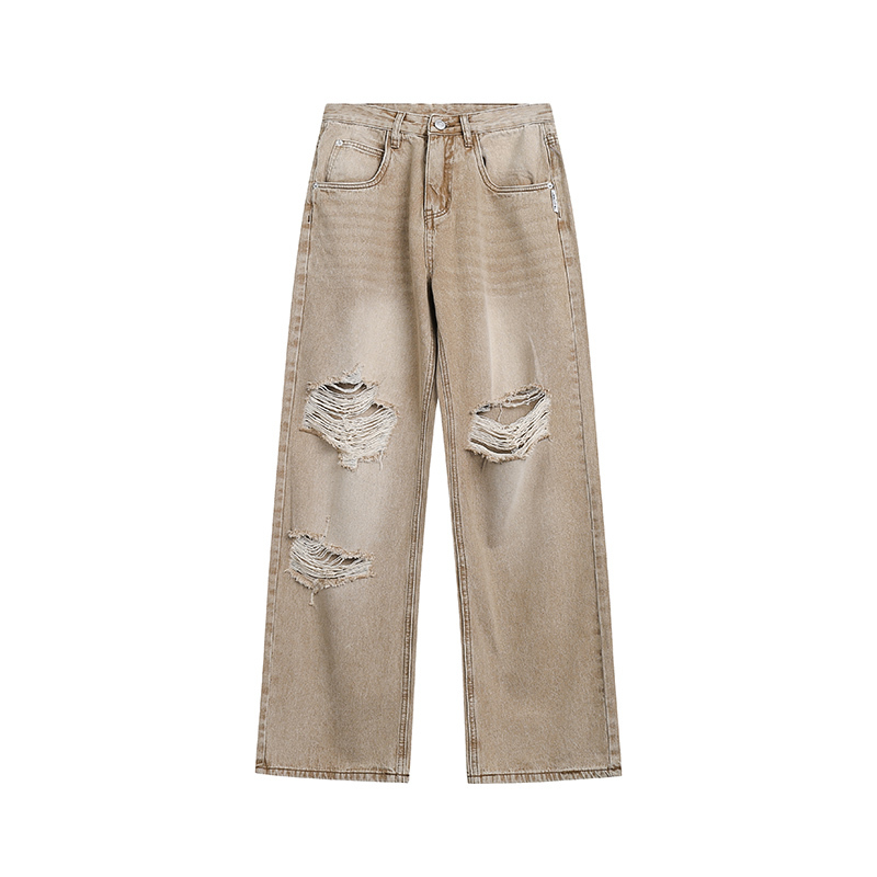 設計感破洞牛仔褲女新款春季高腰直筒寬鬆休閒褲ins拖地褲
