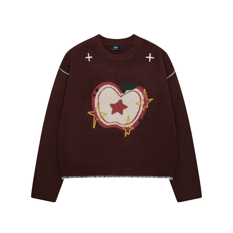 蘋果提花圓領毛衣女秋冬新款慵懶風套頭减齡針織衫上衣