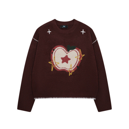 蘋果提花圓領毛衣女秋冬新款慵懶風套頭减齡針織衫上衣