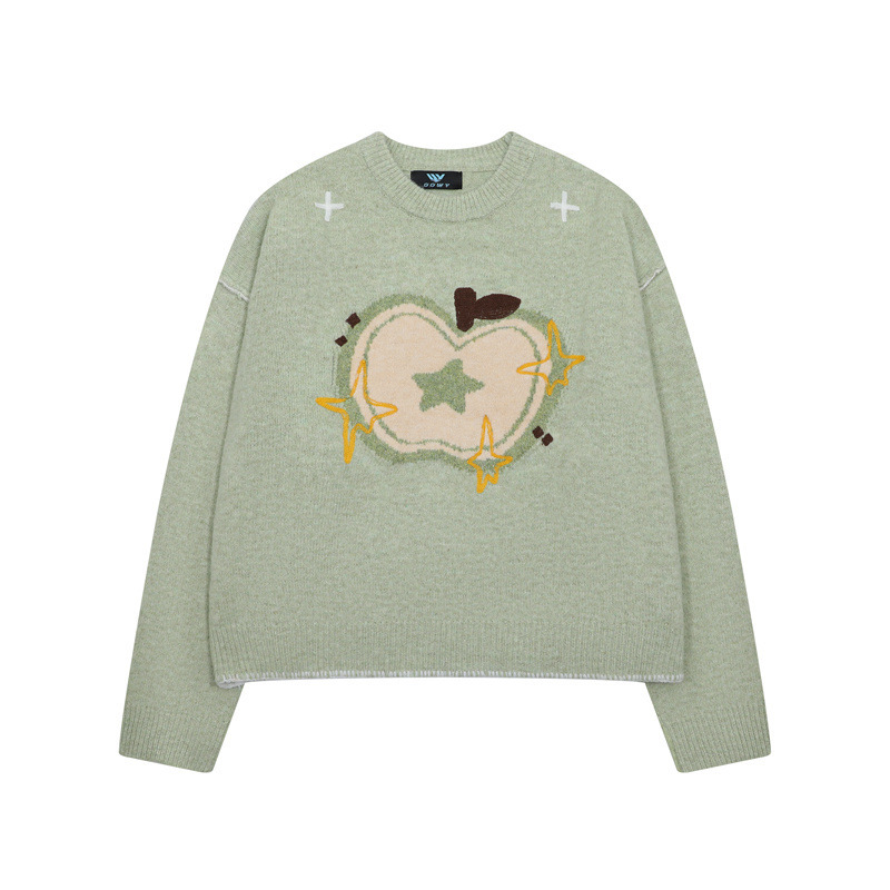 蘋果提花圓領毛衣女秋冬新款慵懶風套頭减齡針織衫上衣