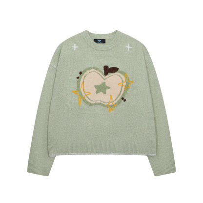 蘋果提花圓領毛衣女秋冬新款慵懶風套頭减齡針織衫上衣