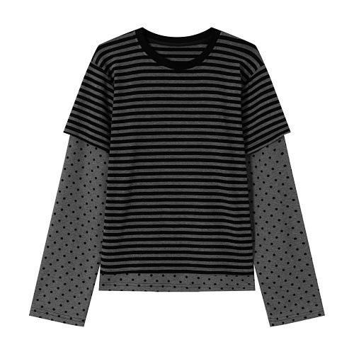 春季新款條紋假兩件波點長袖T恤女短寬鬆百搭設計感上衣