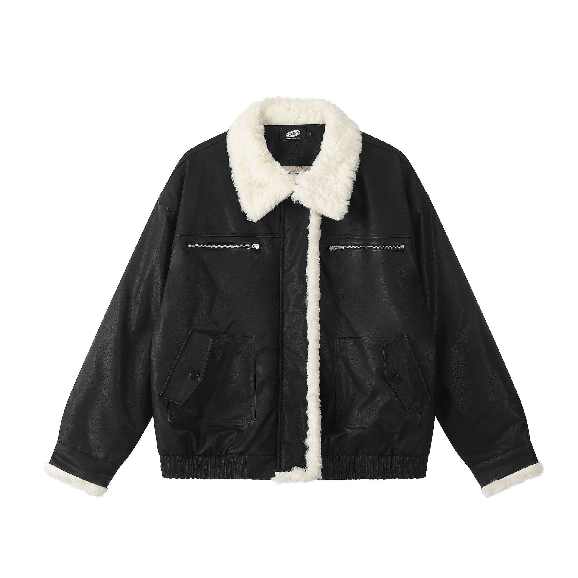 皮毛一體羊羔絨翻領PU皮衣棉服女冬季美式潮牌機車服外套
