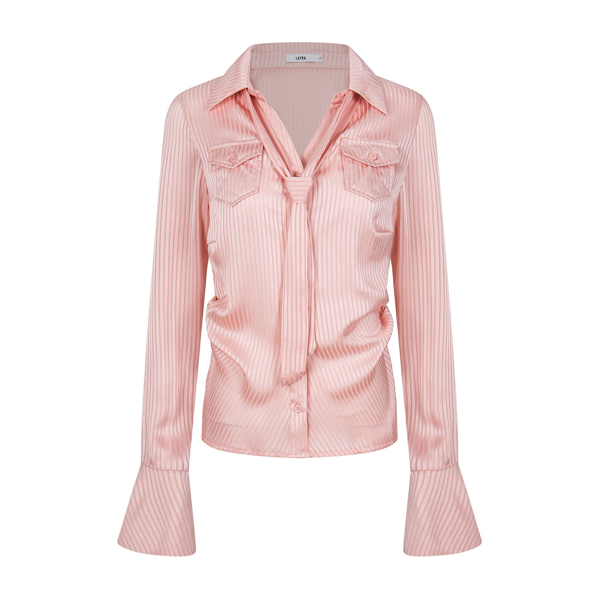 粉色綢緞條紋顯瘦掐腰長袖襯衫女辣妹甜酷飄帶設計感上衣