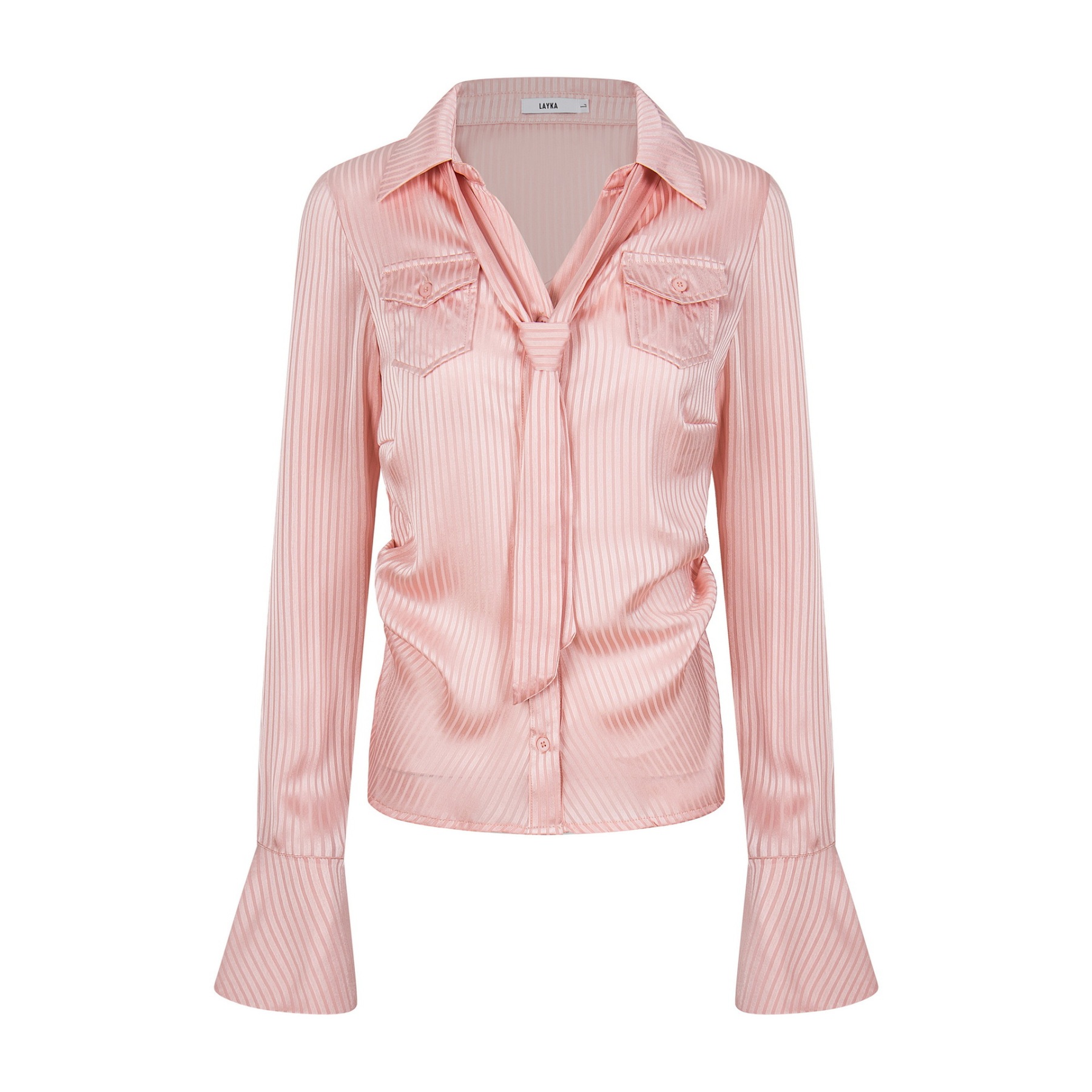 粉色綢緞條紋顯瘦掐腰長袖襯衫女辣妹甜酷飄帶設計感上衣