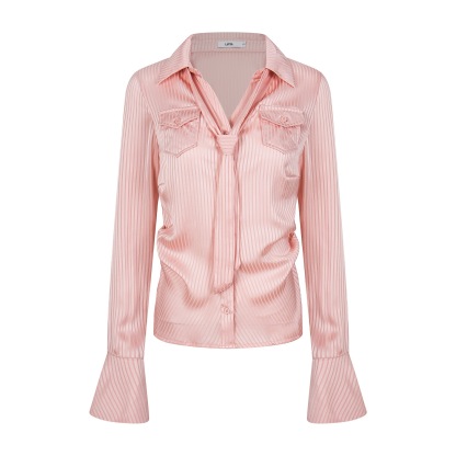 粉色綢緞條紋顯瘦掐腰長袖襯衫女辣妹甜酷飄帶設計感上衣