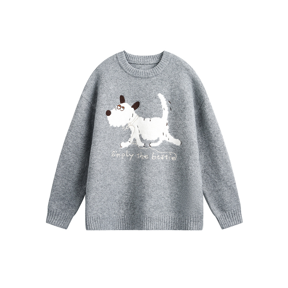 小狗刺繡圓領軟糯毛衣女秋冬慵懶風寬鬆復古針織衫上衣