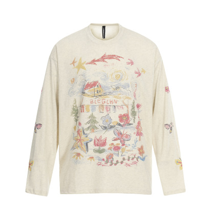 美式復古塗鴉印花長袖T恤女春夏寬鬆慵懶風防曬罩衫上衣