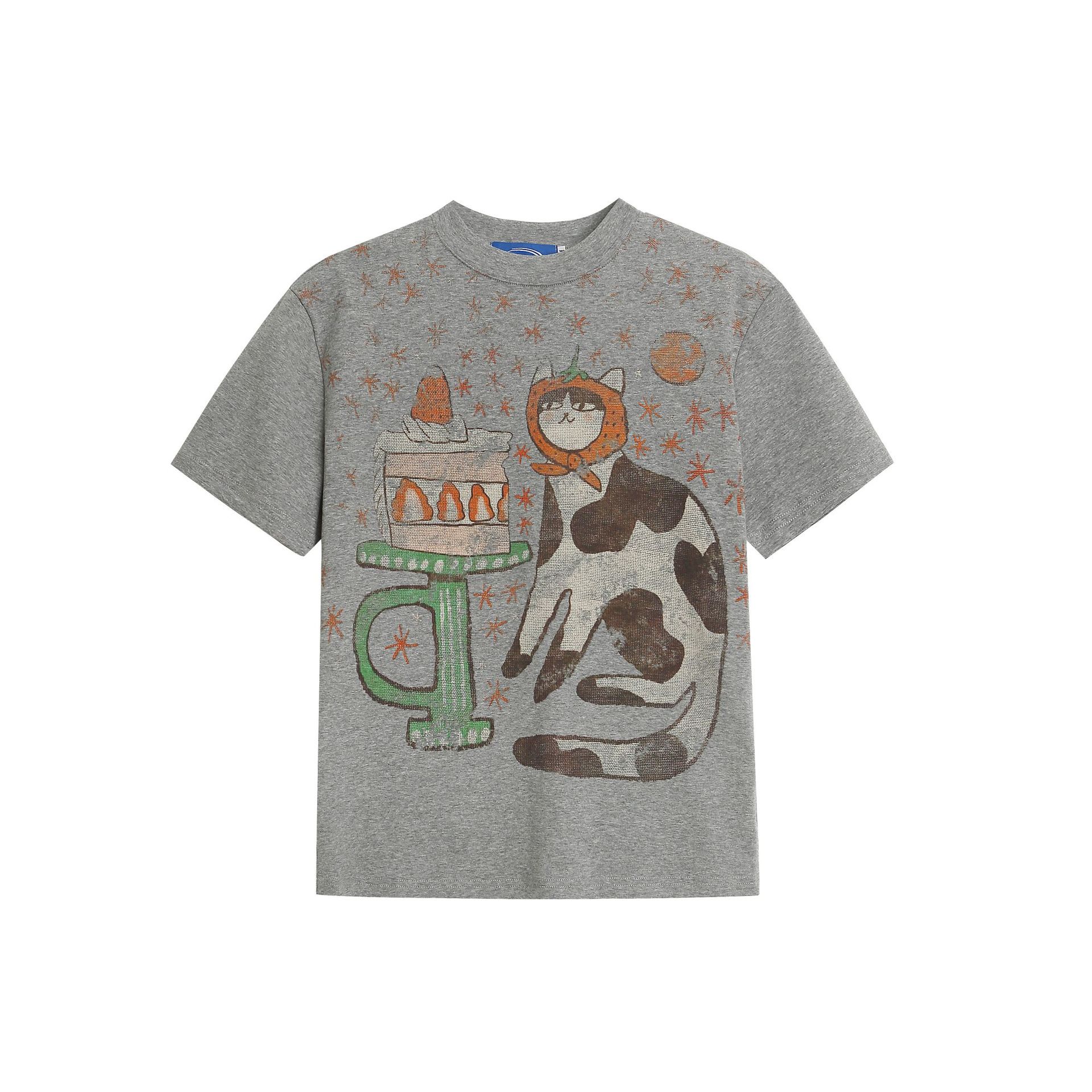 正肩T恤女美式復古卡通印花設計感夏季微寬鬆顯瘦短袖