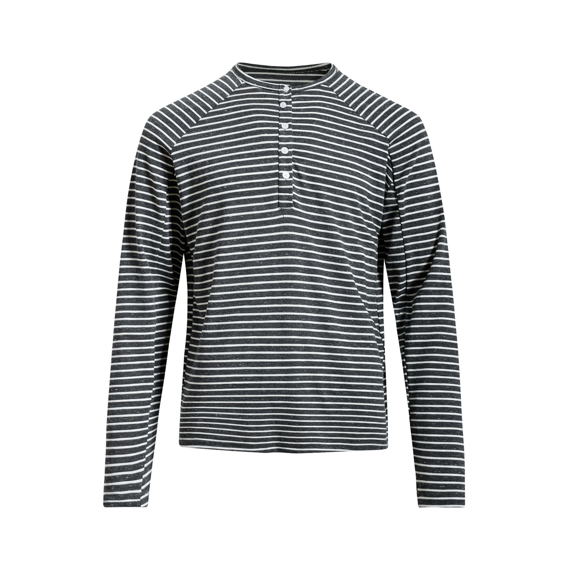 美式復古亨利領條紋長袖T恤女春夏輕薄寬鬆慵懶防曬罩衫