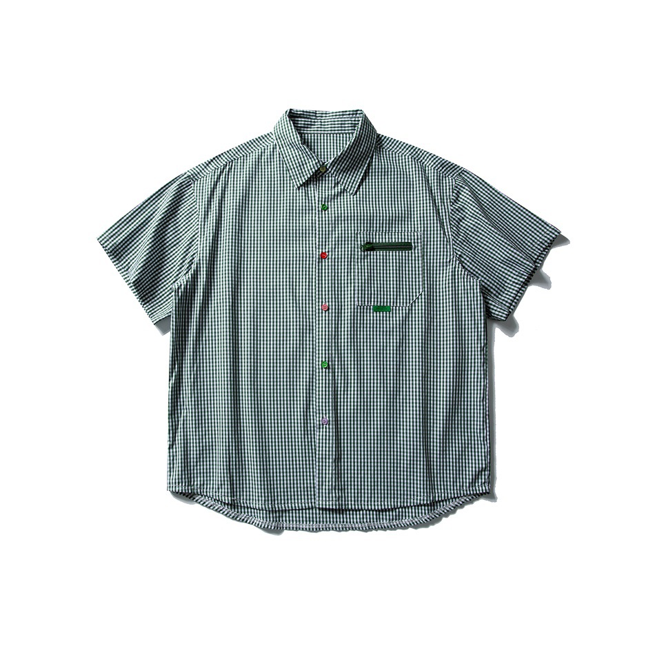 日系復古格子撞色五分袖襯衫女純棉寬鬆工裝休閒短袖襯衣