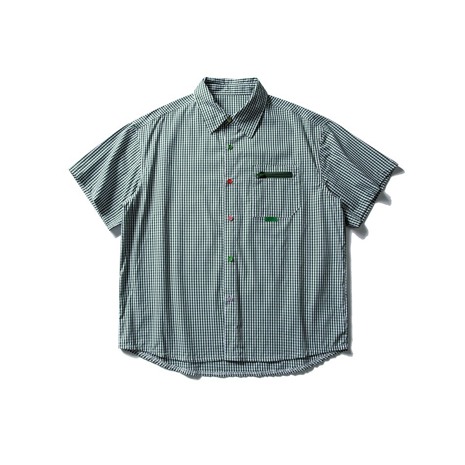 日系復古格子撞色五分袖襯衫女純棉寬鬆工裝休閒短袖襯衣