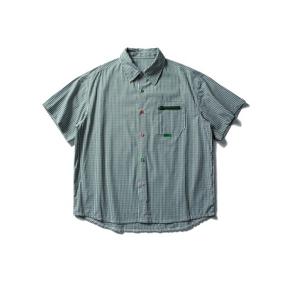 日系復古格子撞色五分袖襯衫女純棉寬鬆工裝休閒短袖襯衣