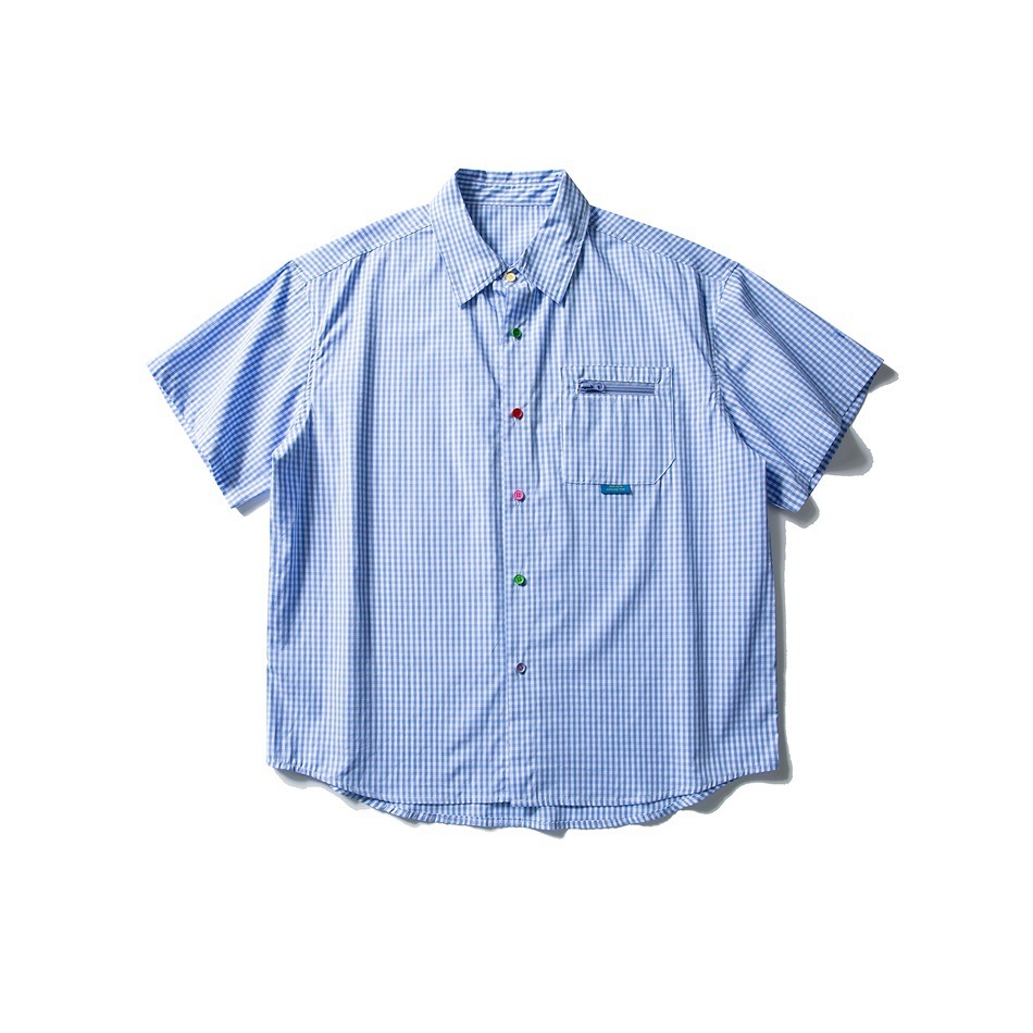 日系復古格子撞色五分袖襯衫女純棉寬鬆工裝休閒短袖襯衣