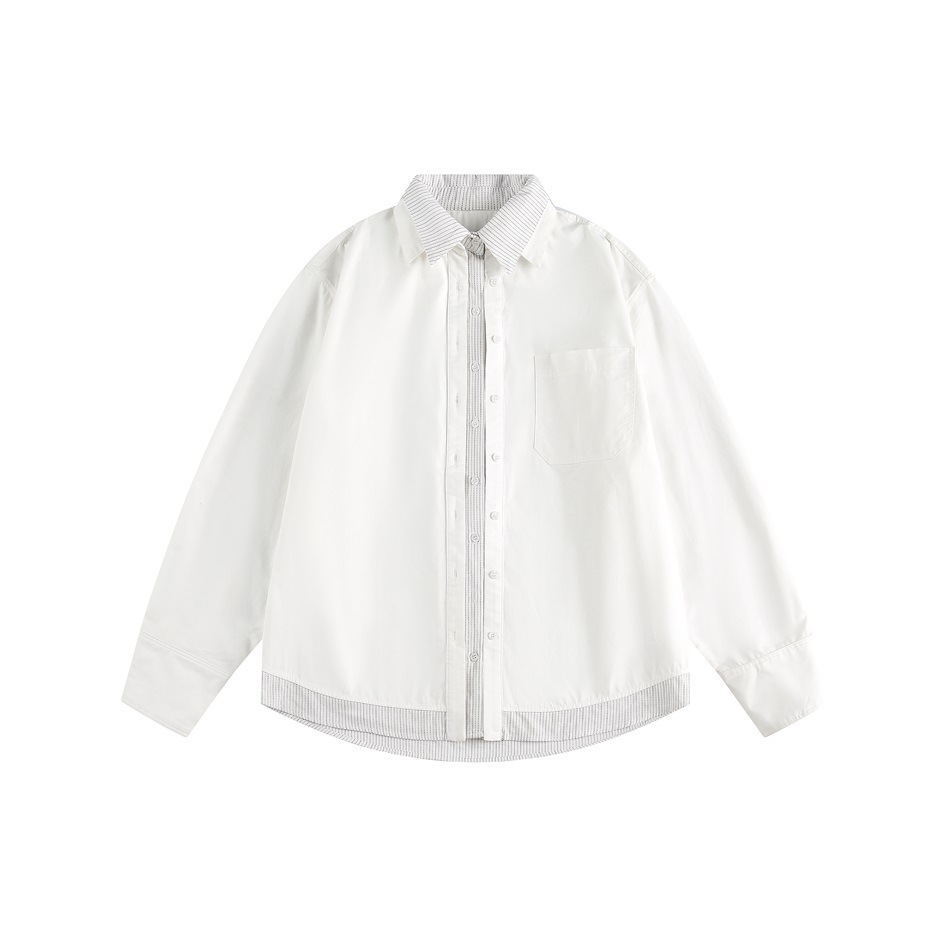 日系復古撞色條紋拼接假兩件襯衫女秋季休閒百搭襯衣外套