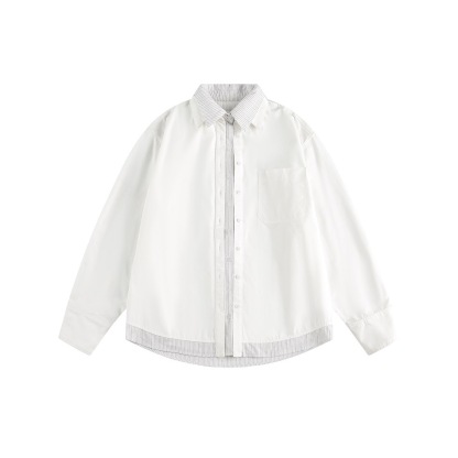 日系復古撞色條紋拼接假兩件襯衫女秋季休閒百搭襯衣外套