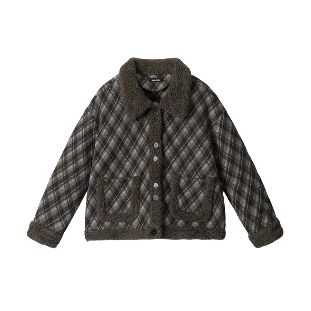 羊羔絨拼接格紋高級感外套女冬季新款復古短款翻領棉服