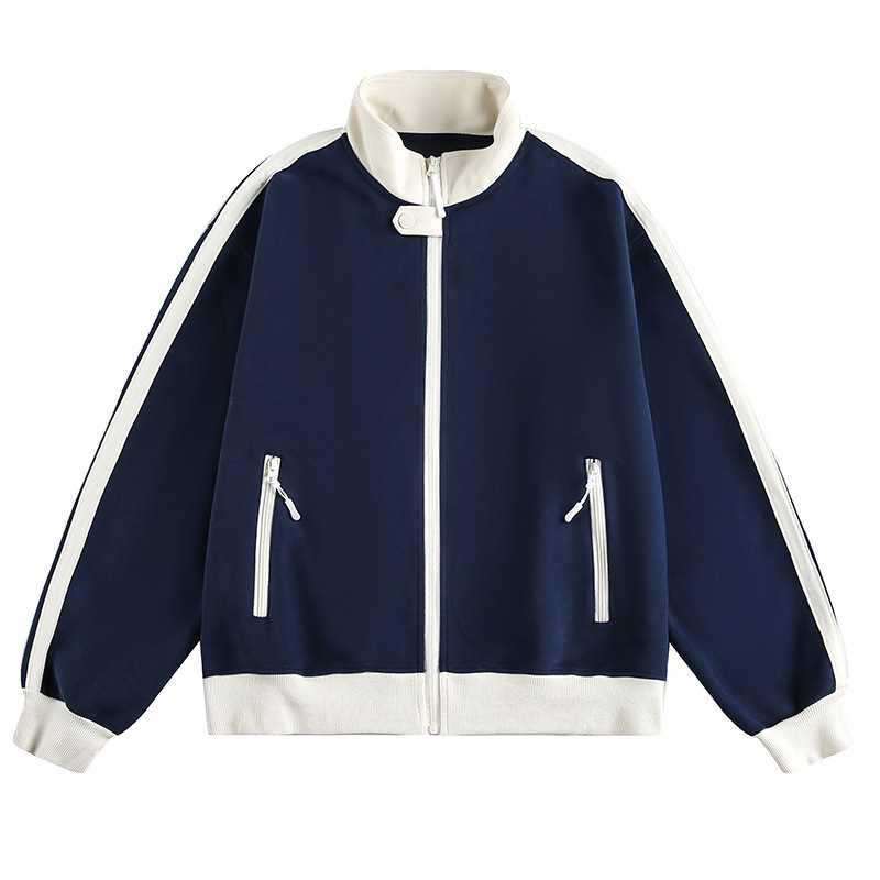 美式復古撞色立領外套女秋季新款拼接設計感衛衣夾克