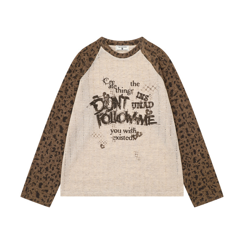 春季新款美式復古拼接撞色長袖T恤女寬鬆慵懶風防曬罩衫