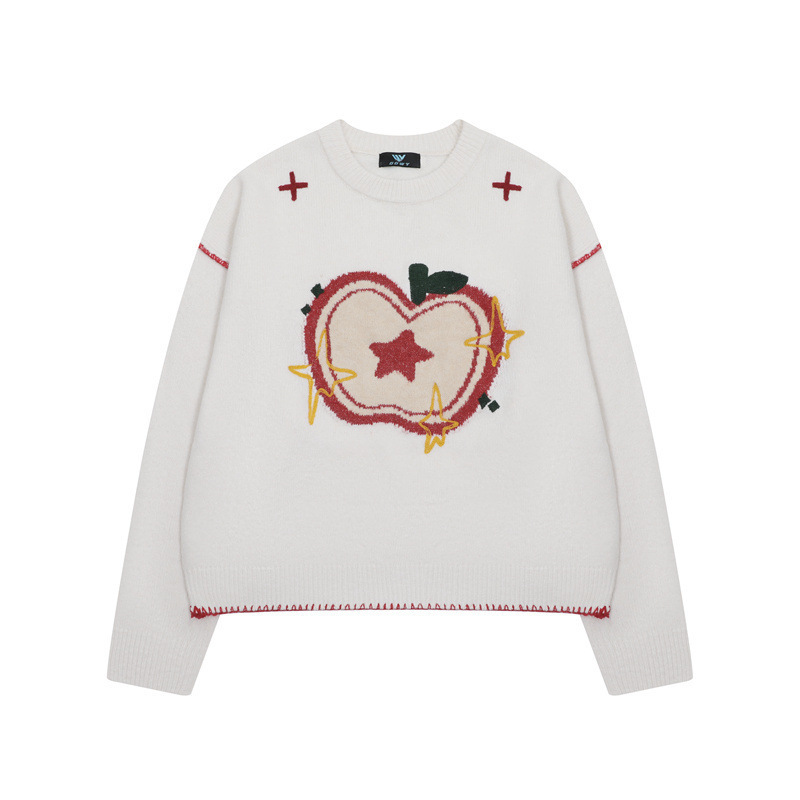 蘋果提花圓領毛衣女秋冬新款慵懶風套頭减齡針織衫上衣