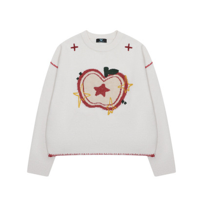 蘋果提花圓領毛衣女秋冬新款慵懶風套頭减齡針織衫上衣