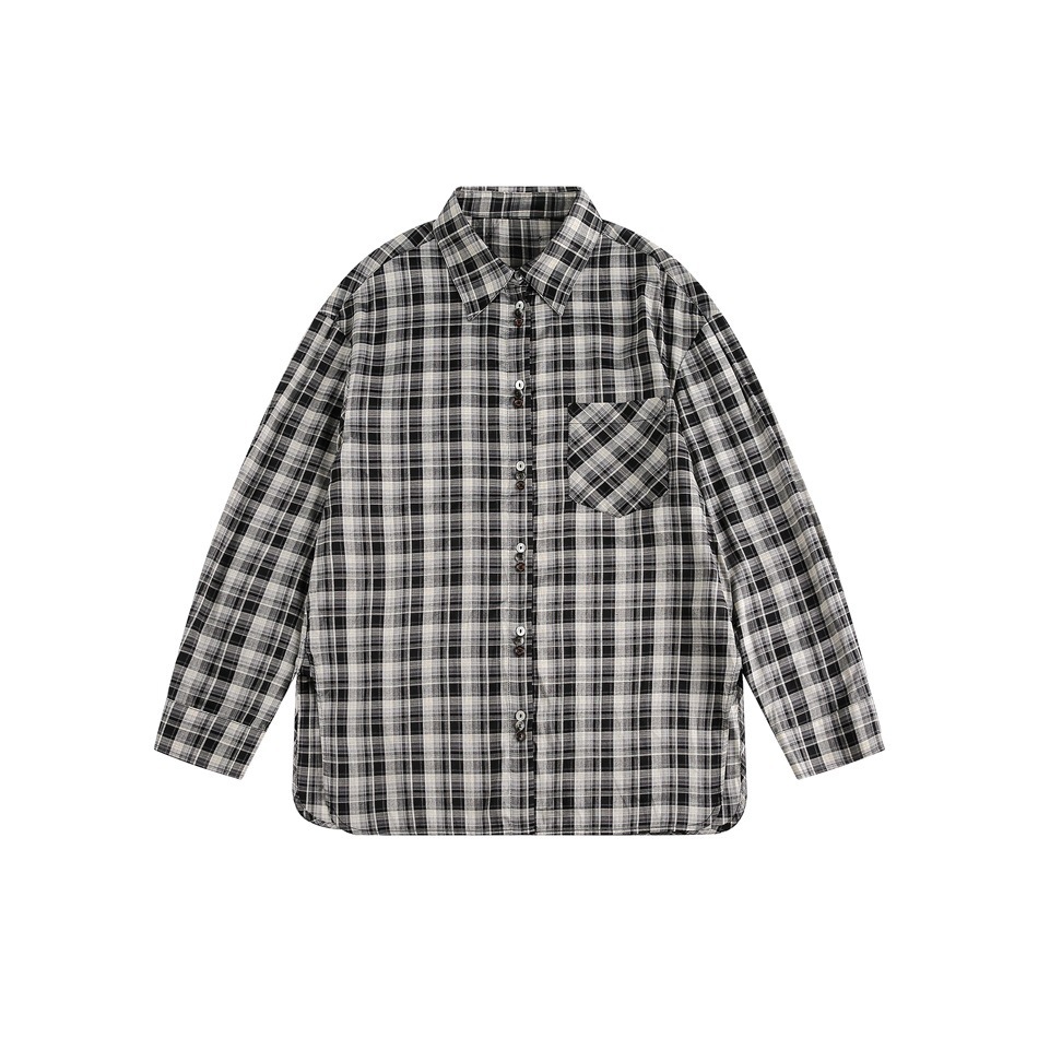 美式復古潮牌格子襯衫女小眾設計感寬鬆長袖襯衣秋季