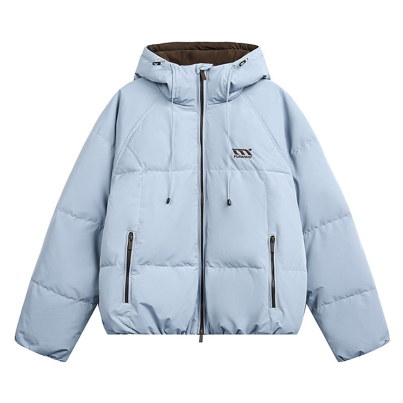 美式復古90白鴨絨羽絨服女冬季撞色戶外保暖連帽棉服外套