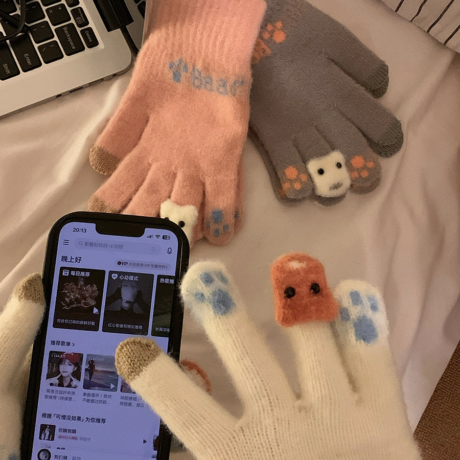 可愛毛絨針織五指手套女士冬季保暖加厚學生觸屏騎車冬天防寒防風