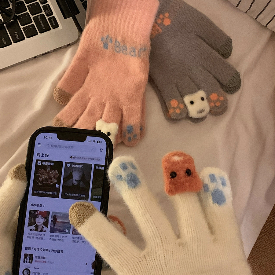 可愛毛絨針織五指手套女士冬季保暖加厚學生觸屏騎車冬天防寒防風
