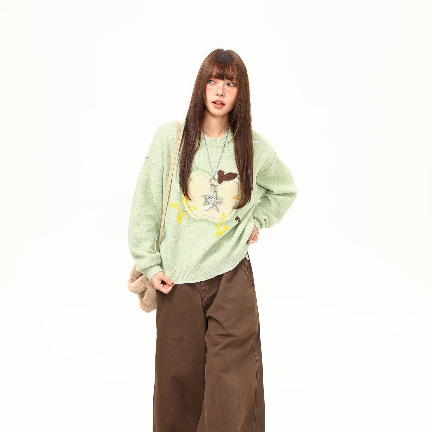 蘋果提花圓領毛衣女秋冬新款慵懶風套頭减齡針織衫上衣