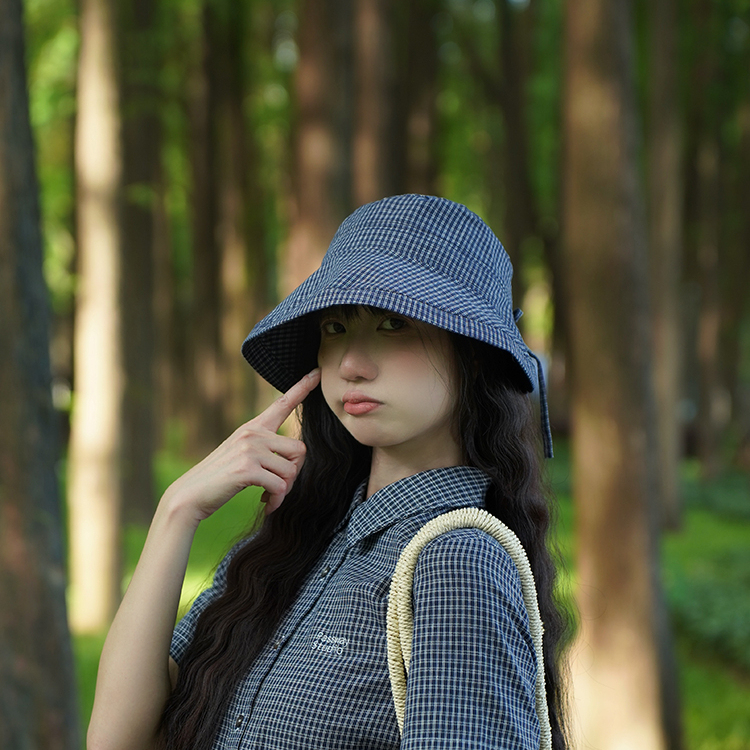 日系格子漁夫帽子女夏季戶外露營登山蝴蝶結防曬防紫外線遮陽帽