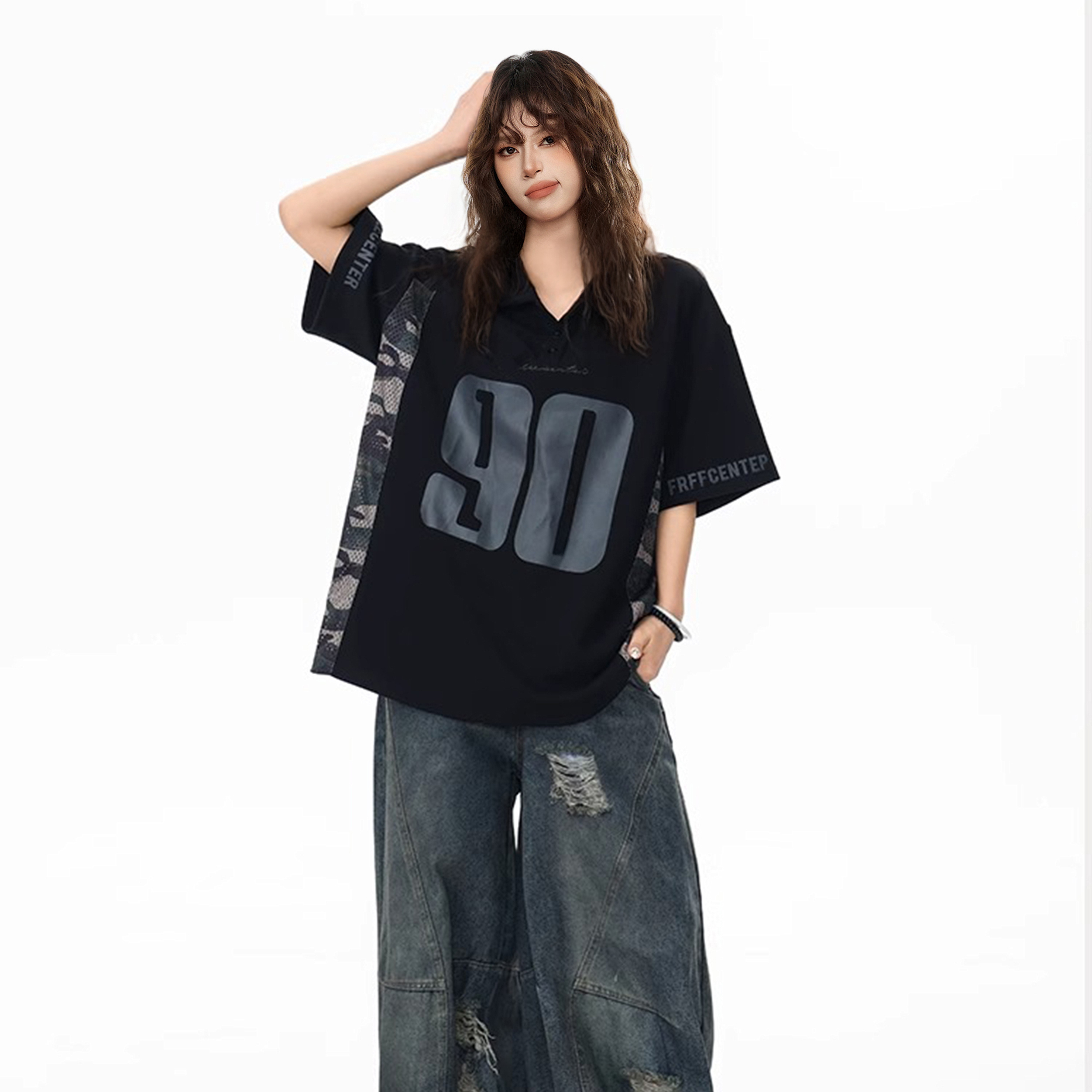 美式復古黑色半袖polo領短袖t恤女夏寬鬆oversize大版球衣風上衣