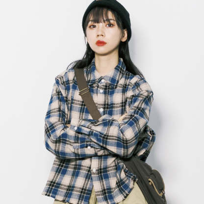 美式復古cleanfit毛邊格子翻領長袖襯衫女春秋寬鬆上衣外套