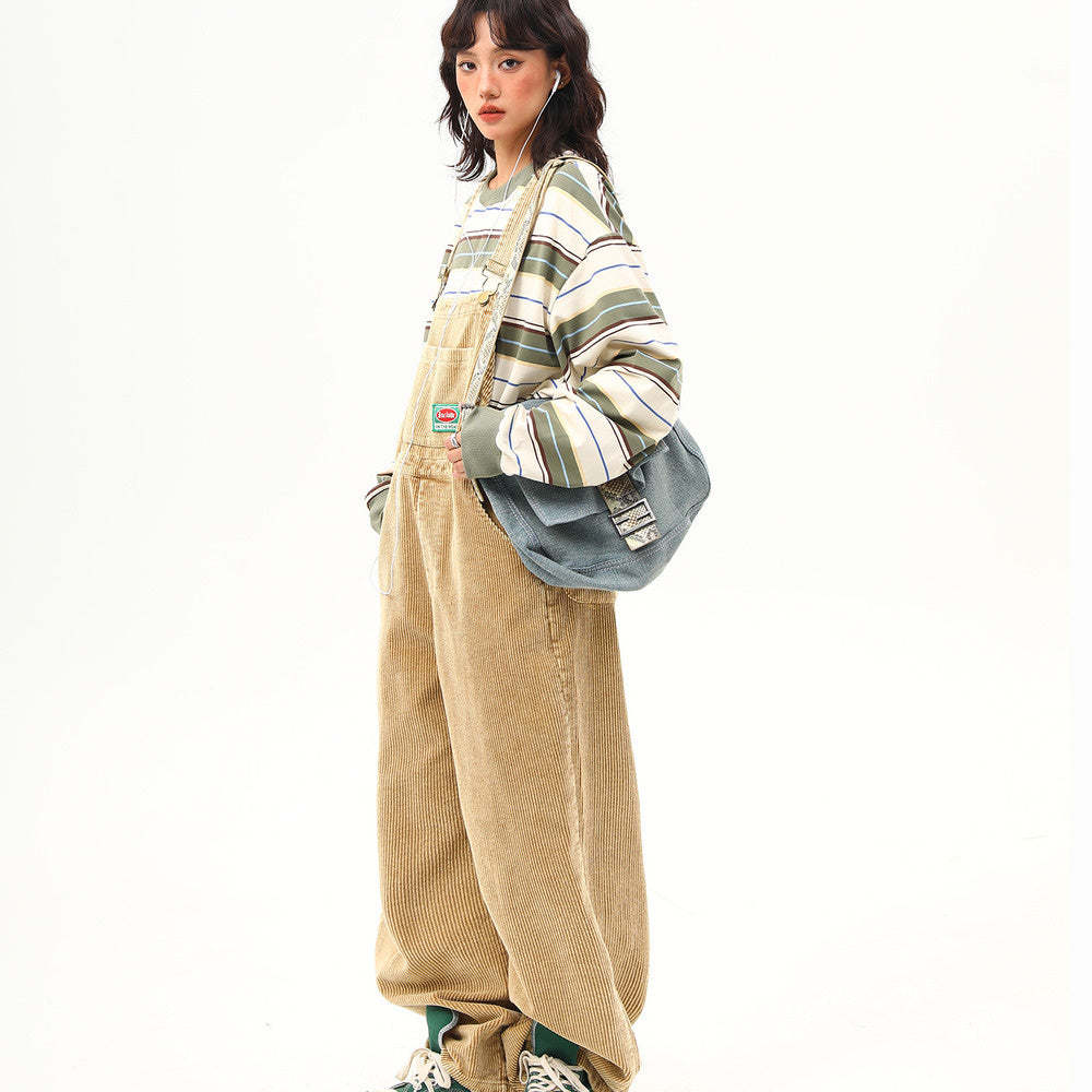 野生阿子2025春季新款美式灯芯绒背带裤女宽松阔腿工装直筒裤