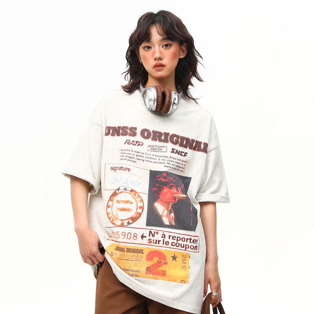 夏季新款美式復古海報印花短袖T恤女百搭上衣