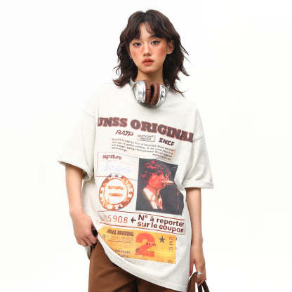 夏季新款美式復古海報印花短袖T恤女百搭上衣
