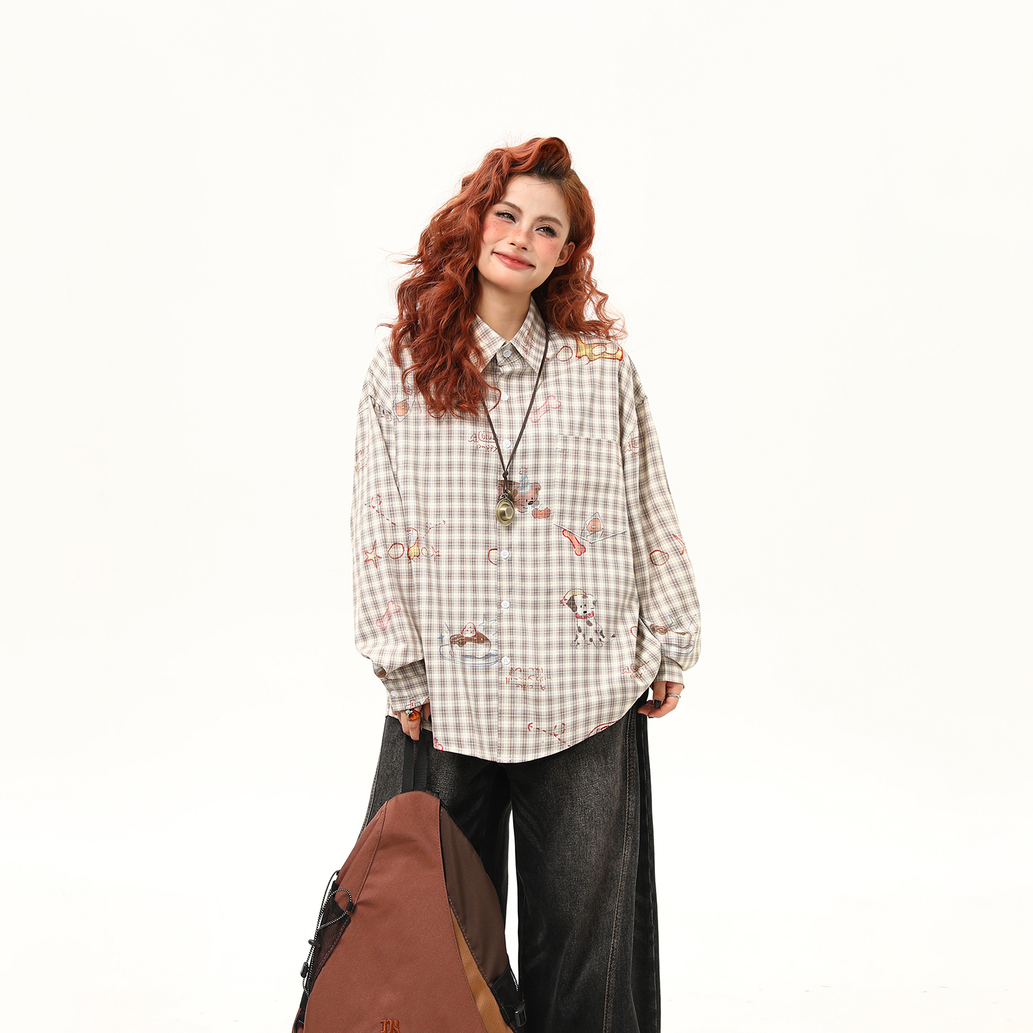 早秋原創美式復古卡通印花格子襯衫女寬鬆百搭長袖襯衣