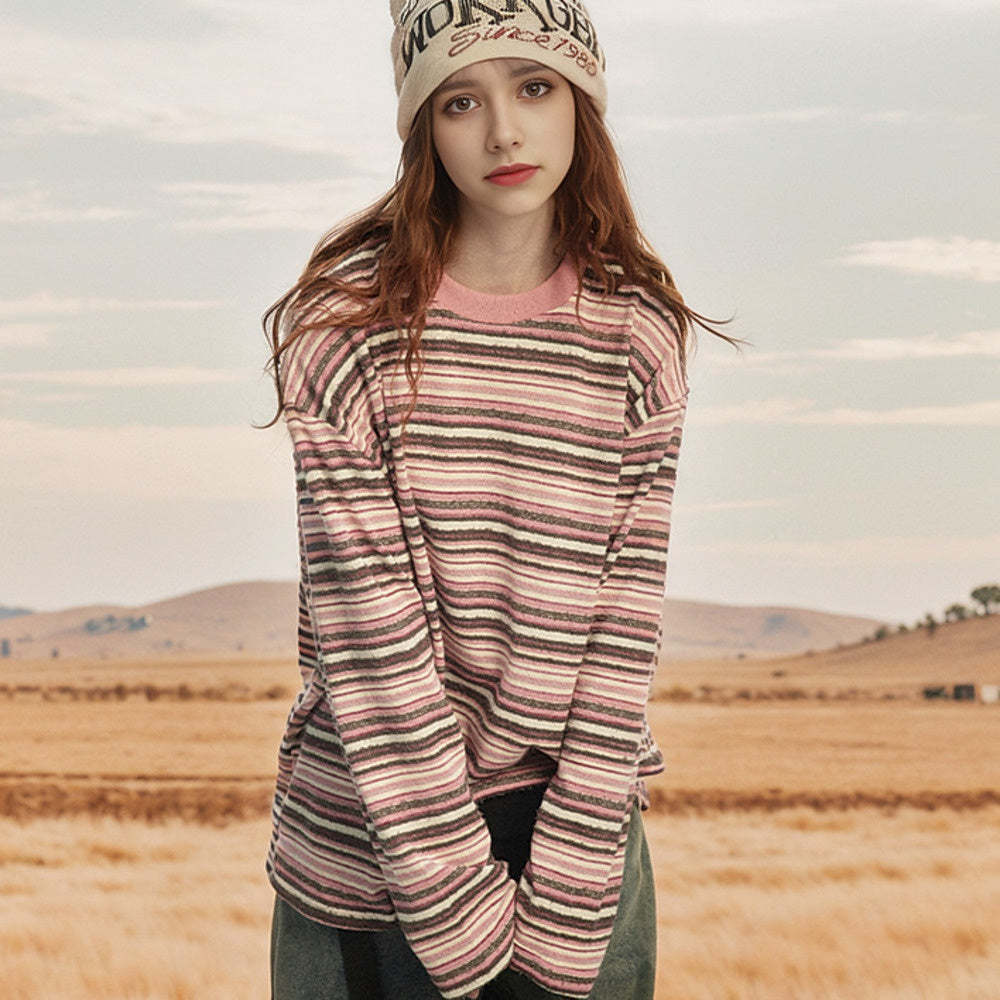 街頭潮牌復古拼接條紋長袖t恤女春秋新款美式寬鬆套頭上衣