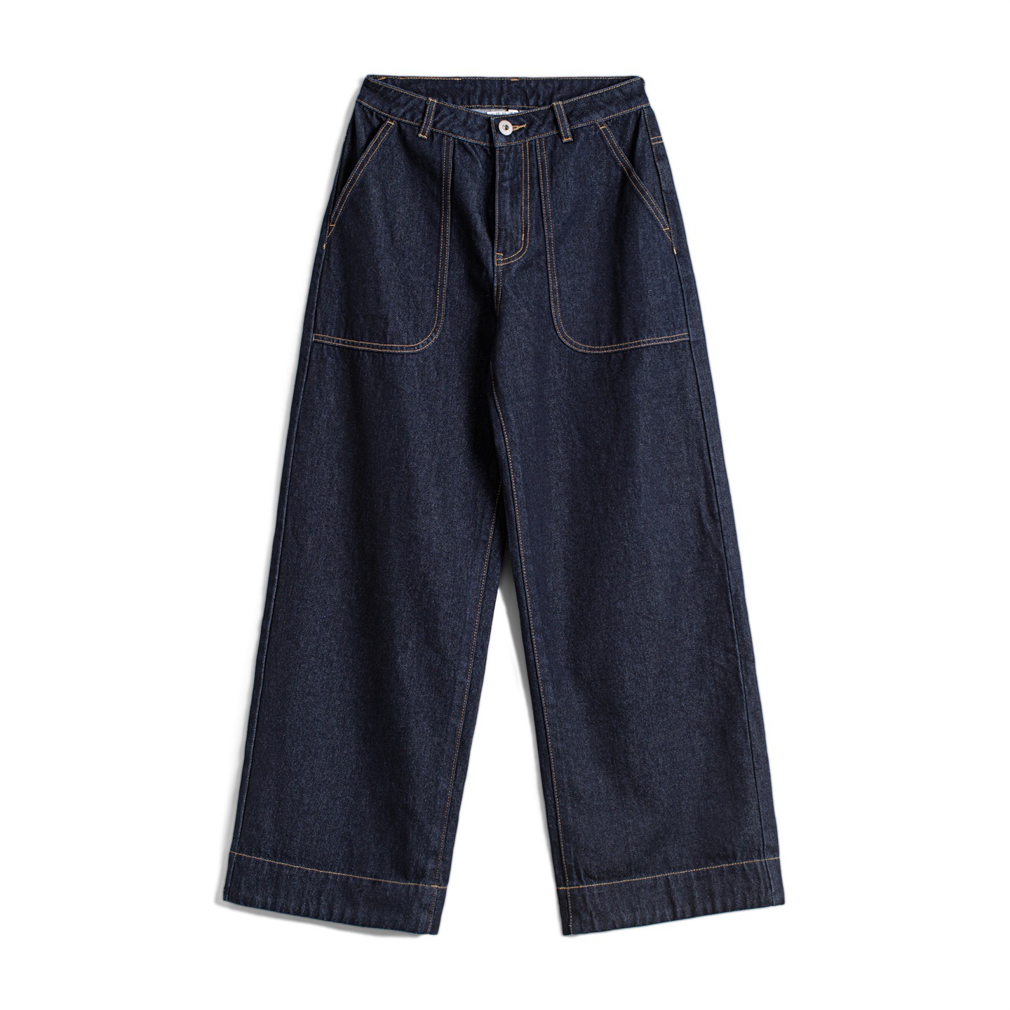 美式巴黎扣丹寧藍原色中腰寬鬆直筒闊腿拖地卷邊牛仔褲女士秋