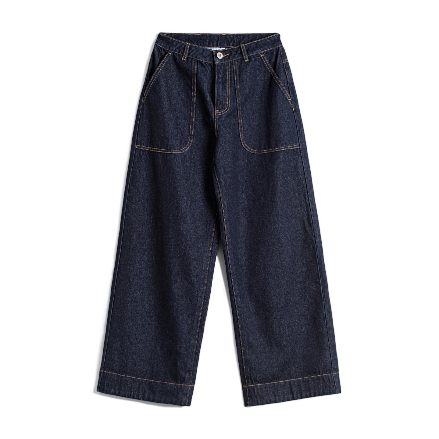美式巴黎扣丹寧藍原色中腰寬鬆直筒闊腿拖地卷邊牛仔褲女士秋