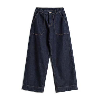 美式巴黎扣丹寧藍原色中腰寬鬆直筒闊腿拖地卷邊牛仔褲女士秋
