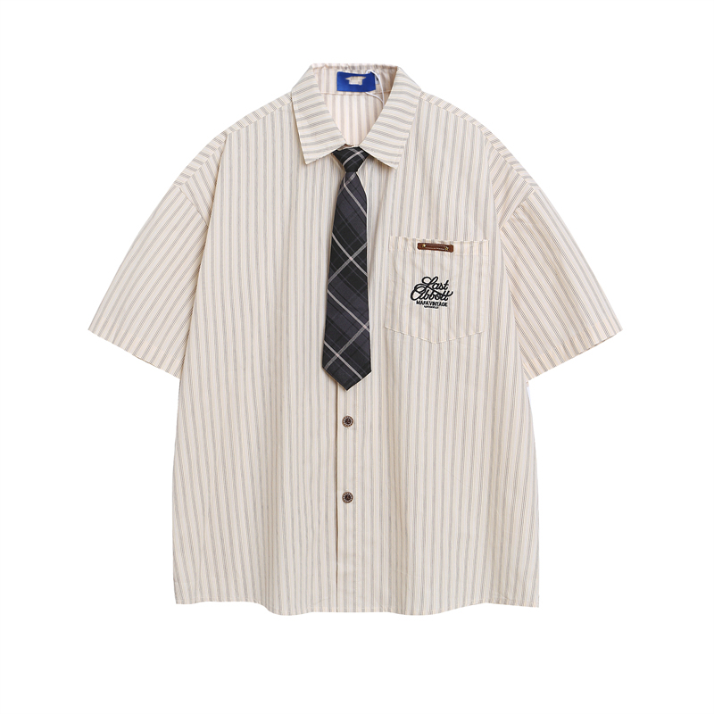 美式復古豎條紋學院風短袖襯衫女刺繡字母艺文高級感襯衣