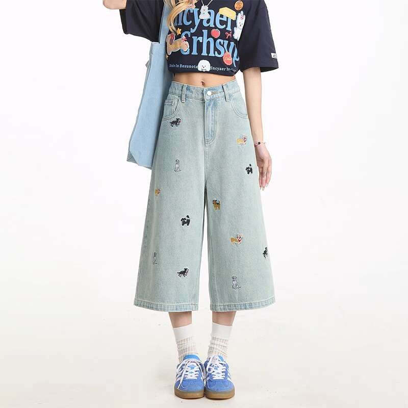 夏季牛仔短褲女新款寬鬆直筒趣味小狗刺繡設計感七分褲