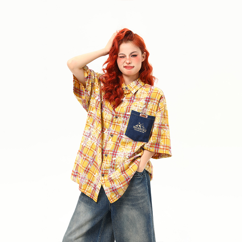 美式復古花卉格紋設計感短袖襯衫女夏季個性潮牌寬鬆襯衣