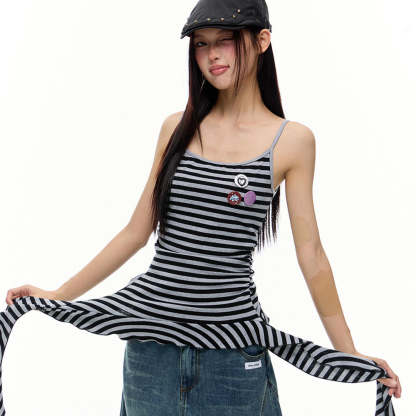 美式復古黑色流蘇飄帶條紋吊帶背心夏季新款辣妹修身顯瘦上衣