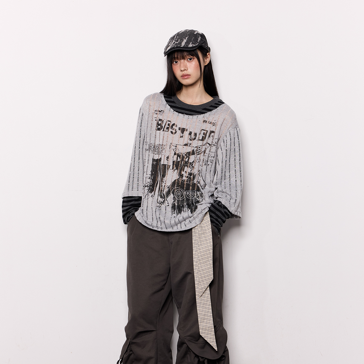 美式印花長袖罩衫T恤女夏季防曬透氣假兩件輕薄寬鬆休閒上衣