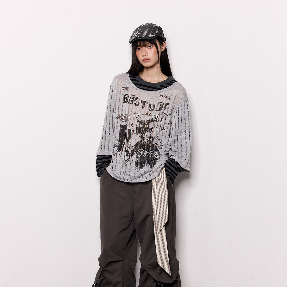 美式印花長袖罩衫T恤女夏季防曬透氣假兩件輕薄寬鬆休閒上衣