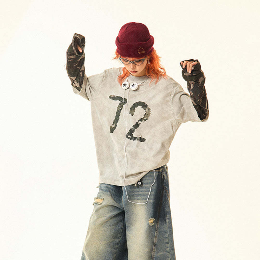 美式復古做舊迷彩假兩件長袖T恤女vintage設計感早秋上衣